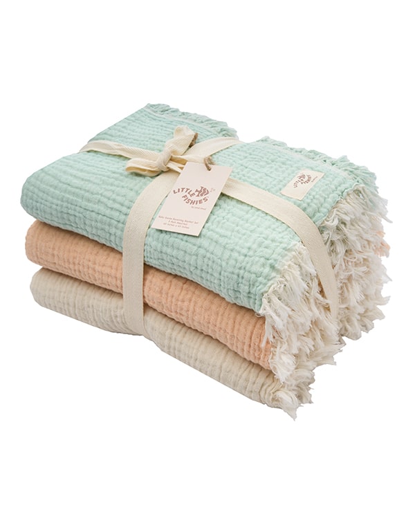 Little Fishies Gauze Receiving Blanket Set – 3 Pack – Seafoam / Peach Fuzz / Natural - SAND CLOUD