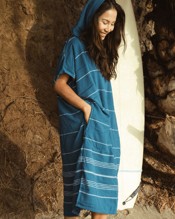 Classic Stripe Hooded Poncho Teal Blue - SAND CLOUD