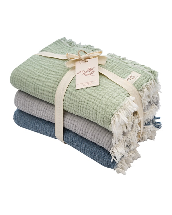 Little Fishies Gauze Receiving Blanket Set – 3 Pack – Sage / Grey / Navy - SAND CLOUD