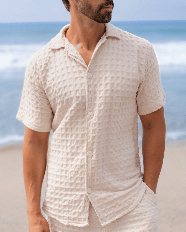 Orb Button Down Waffle Shirt – Sand – Mens - SAND CLOUD